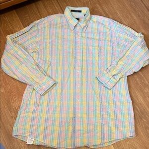 Craig Reagan Men's Pastel Plaid Button Down Shirt seer sucker large 100% cotton